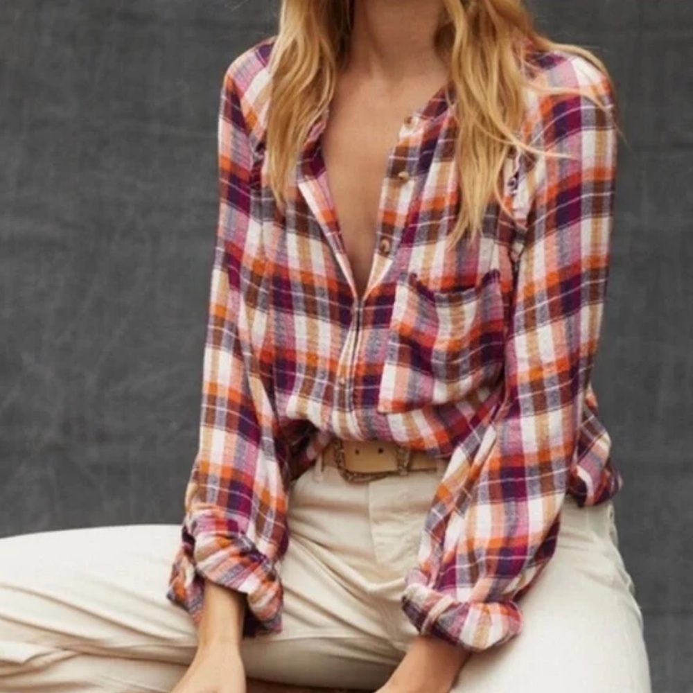 Anthropologie Pilcro Breezy Button Down Plaid Shirt Raspberry Ruffle Size XS